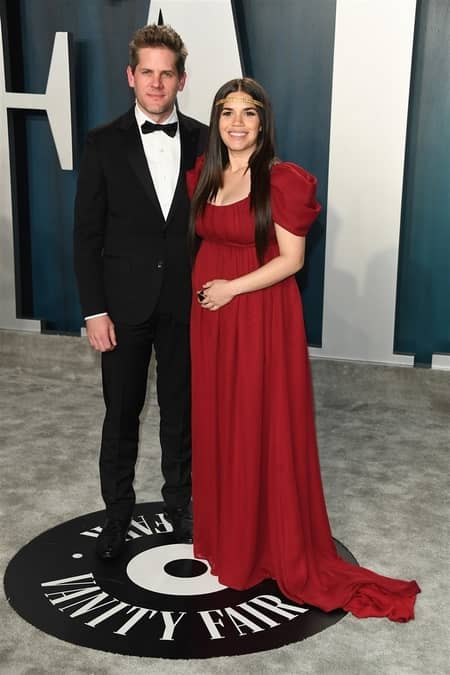 Ryan Piers Williams and his wife America Ferrera at an event where Ferrera is showing her baby bump